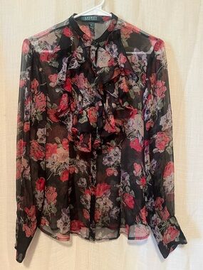 Lauren Ralph Lauren Floral Ruffle Blouse Cottagecore Dark Floral Sheer Top